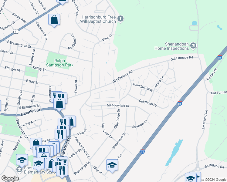 map of restaurants, bars, coffee shops, grocery stores, and more near 1083 Cherrybrook Drive in Harrisonburg