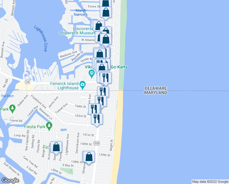map of restaurants, bars, coffee shops, grocery stores, and more near 118 146th Street in Ocean City