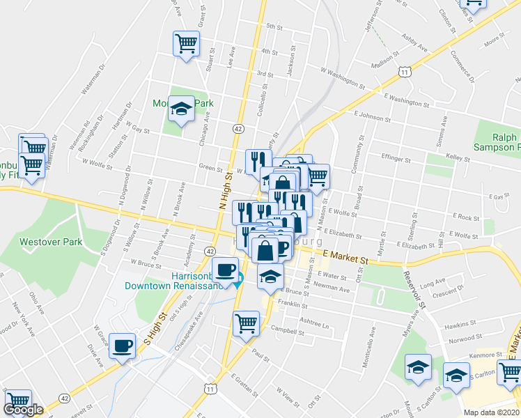 map of restaurants, bars, coffee shops, grocery stores, and more near 144 North Liberty Street in Harrisonburg