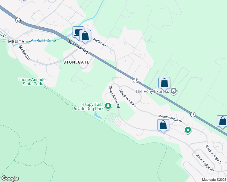 map of restaurants, bars, coffee shops, grocery stores, and more near 5991 Stone Bridge Road in Santa Rosa