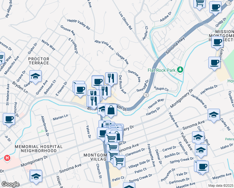 map of restaurants, bars, coffee shops, grocery stores, and more near 160 Alice Street in Santa Rosa