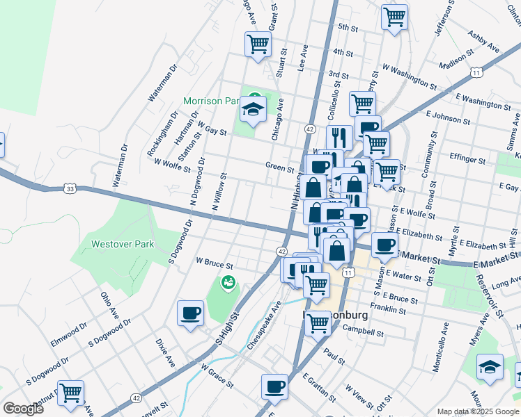 map of restaurants, bars, coffee shops, grocery stores, and more near 364 W Market St in Harrisonburg
