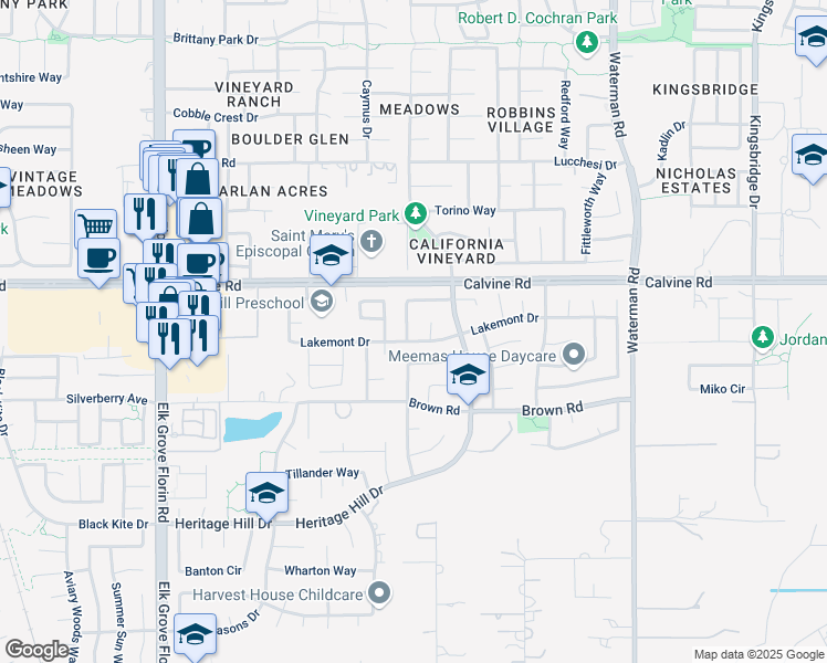 map of restaurants, bars, coffee shops, grocery stores, and more near 9064 Bristol Plaza Way in Elk Grove