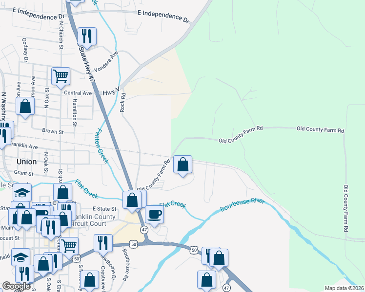 map of restaurants, bars, coffee shops, grocery stores, and more near 1122 Old County Farm Road in Union