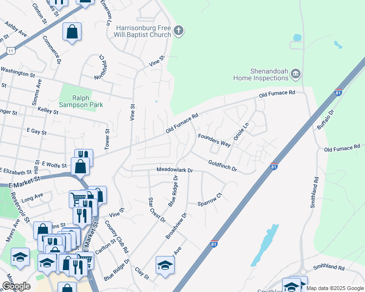 map of restaurants, bars, coffee shops, grocery stores, and more near 1018 Blue Ridge Drive in Harrisonburg
