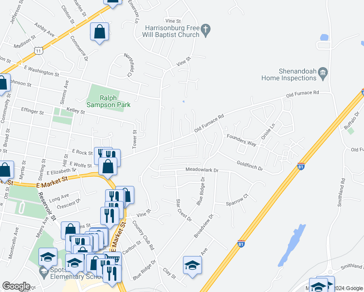 map of restaurants, bars, coffee shops, grocery stores, and more near 1001 Cherrybrook Drive in Harrisonburg