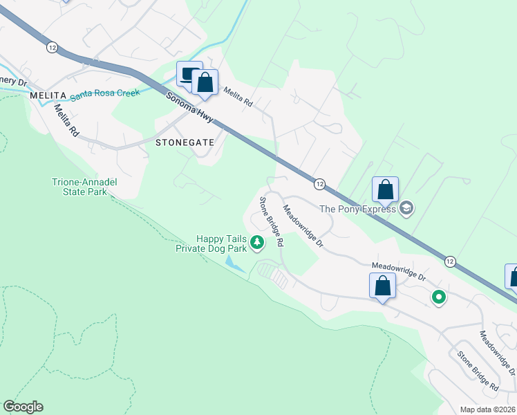 map of restaurants, bars, coffee shops, grocery stores, and more near 5991 Stone Bridge Road in Santa Rosa