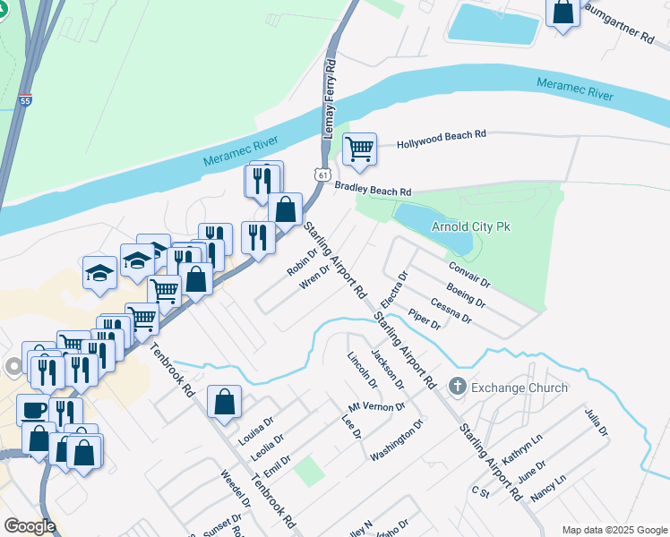 map of restaurants, bars, coffee shops, grocery stores, and more near 508 Wren Drive in Arnold