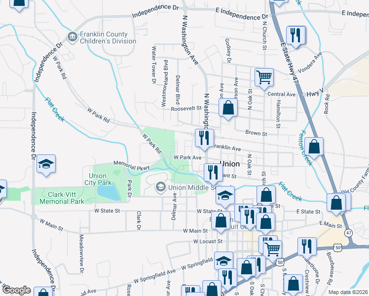 map of restaurants, bars, coffee shops, grocery stores, and more near 607 North Christina Avenue in Union