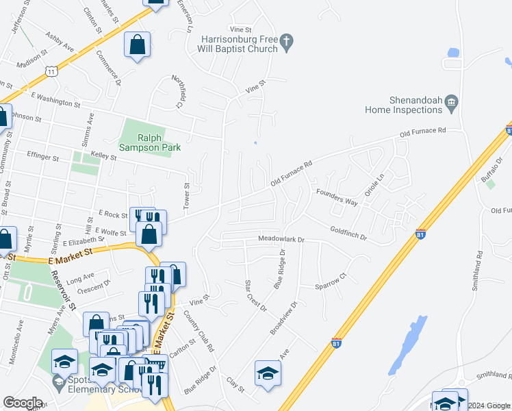 map of restaurants, bars, coffee shops, grocery stores, and more near 1043 Cherrybrook Drive in Harrisonburg