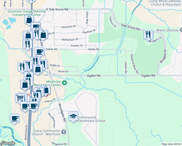 map of restaurants, bars, coffee shops, grocery stores, and more near 65921 Ogden Road in Montrose