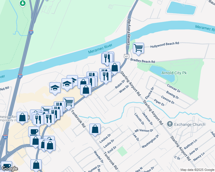 map of restaurants, bars, coffee shops, grocery stores, and more near 561 Robin Drive in Arnold
