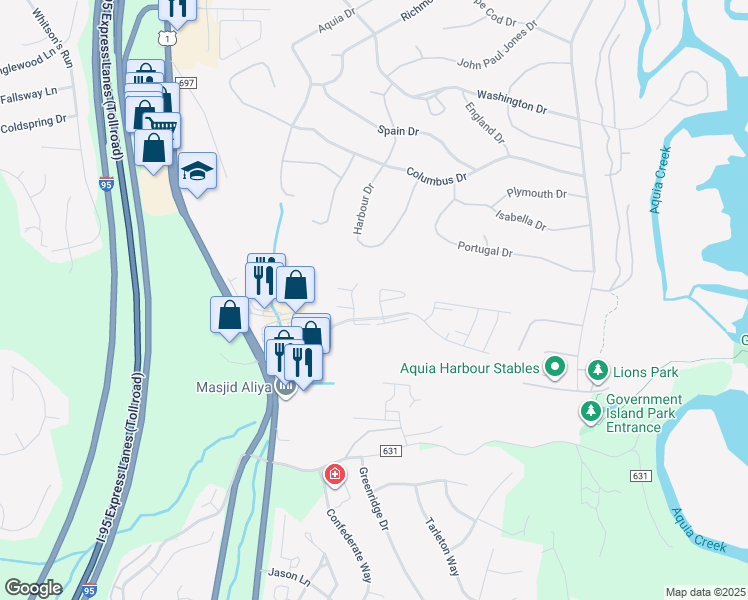 map of restaurants, bars, coffee shops, grocery stores, and more near 15 Fern Oak Circle in Stafford