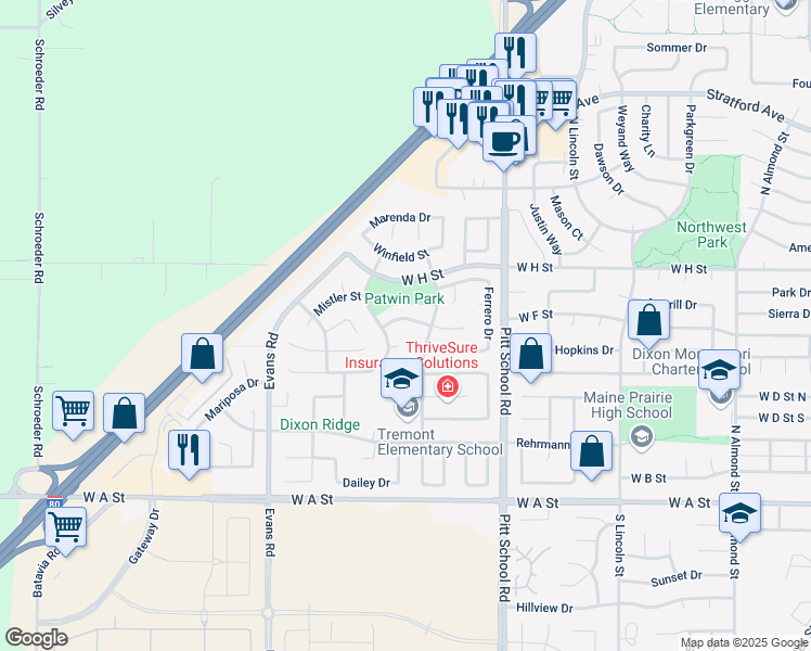 map of restaurants, bars, coffee shops, grocery stores, and more near 1635 Sequoia Way in Dixon