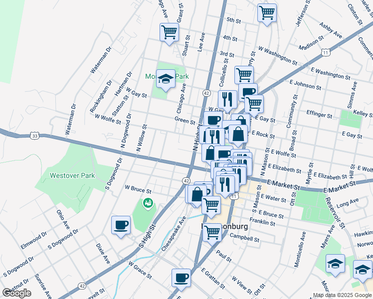 map of restaurants, bars, coffee shops, grocery stores, and more near 264 West Elizabeth Street in Harrisonburg