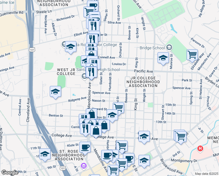 map of restaurants, bars, coffee shops, grocery stores, and more near 1117 Humboldt Street in Santa Rosa