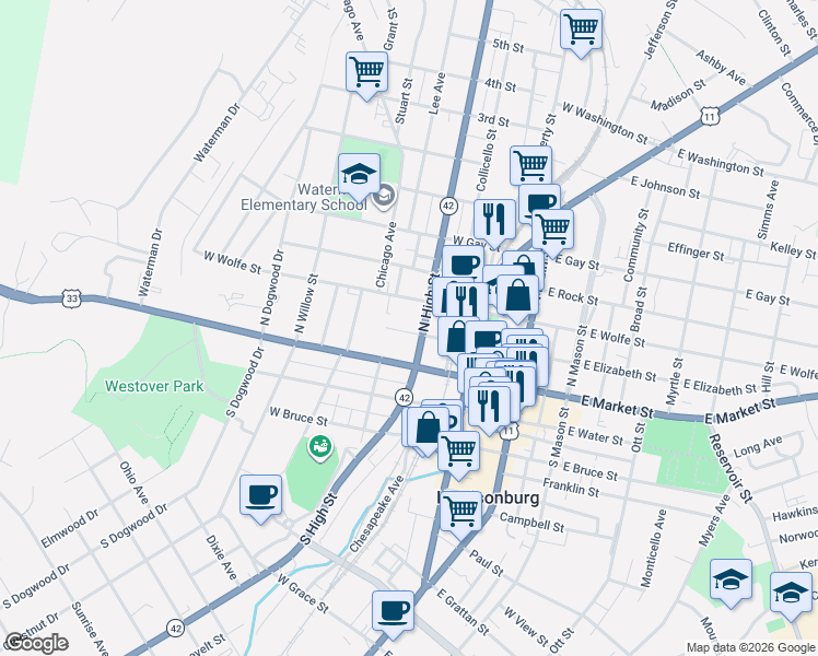 map of restaurants, bars, coffee shops, grocery stores, and more near 260 West Elizabeth Street in Harrisonburg