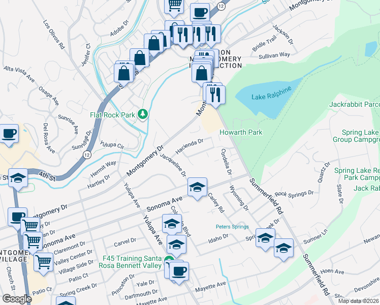 map of restaurants, bars, coffee shops, grocery stores, and more near 3616 Lurline Way in Santa Rosa
