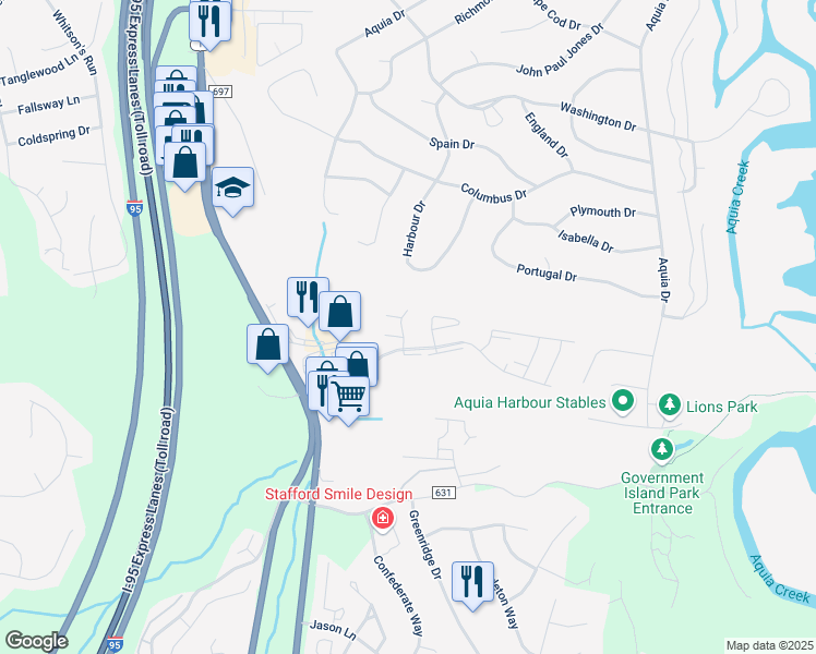 map of restaurants, bars, coffee shops, grocery stores, and more near 100 Wild Oak Lane in Stafford