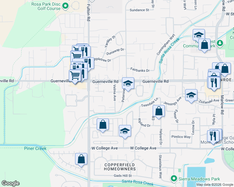 map of restaurants, bars, coffee shops, grocery stores, and more near 1418 Velma Avenue in Santa Rosa