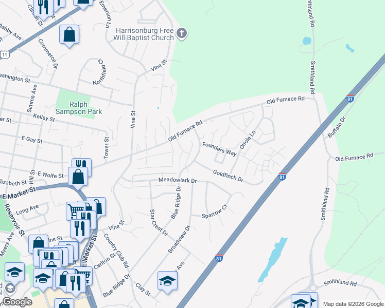 map of restaurants, bars, coffee shops, grocery stores, and more near 1141 Wellington Drive in Harrisonburg