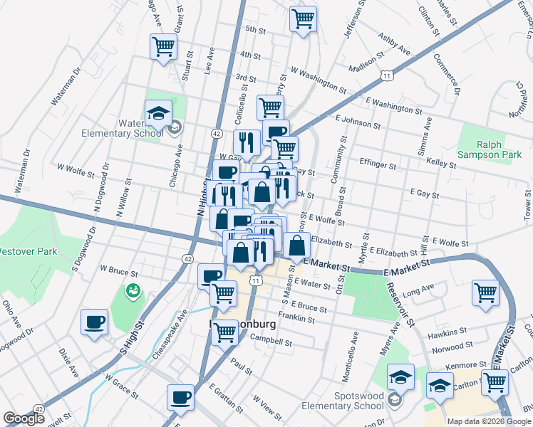 map of restaurants, bars, coffee shops, grocery stores, and more near 157 North Main Street in Harrisonburg
