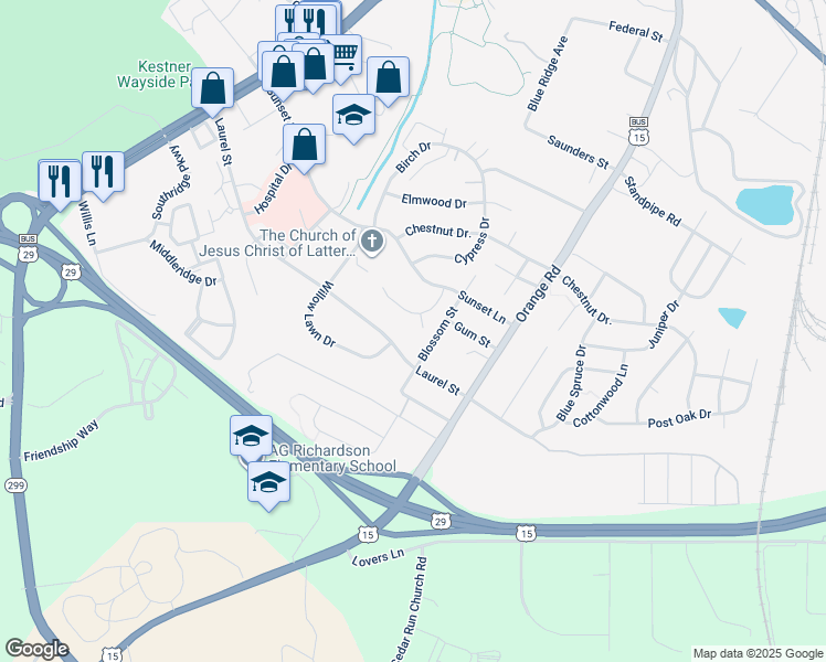 map of restaurants, bars, coffee shops, grocery stores, and more near 2304 Maplewood Court in Culpeper