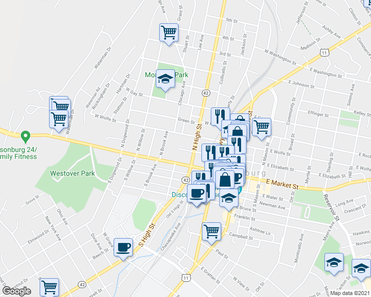 map of restaurants, bars, coffee shops, grocery stores, and more near 264 West Elizabeth Street in Harrisonburg