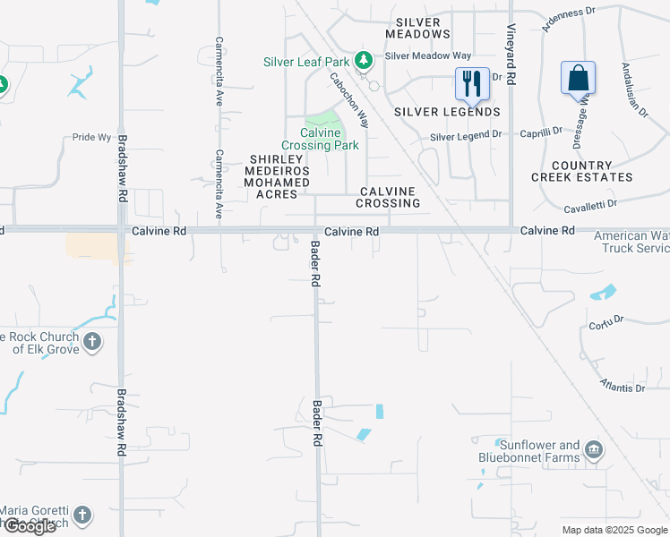 map of restaurants, bars, coffee shops, grocery stores, and more near 8439 Bader Road in Elk Grove