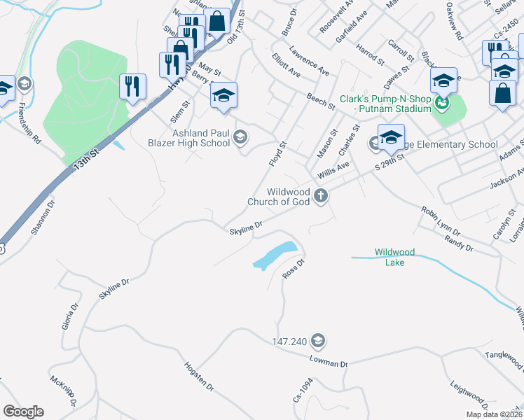 map of restaurants, bars, coffee shops, grocery stores, and more near 3715-3793 Skyline Drive in Ashland