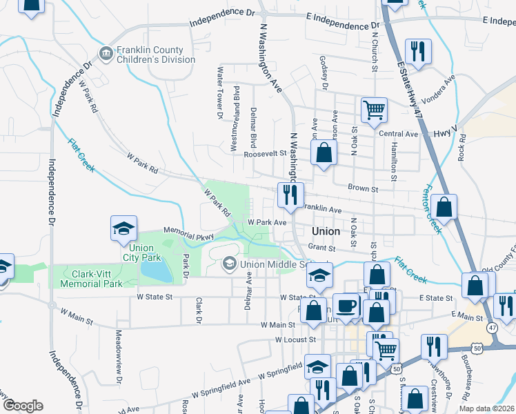 map of restaurants, bars, coffee shops, grocery stores, and more near 607 North Christina Avenue in Union