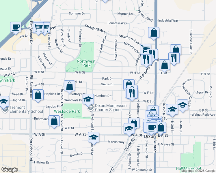 map of restaurants, bars, coffee shops, grocery stores, and more near 625 Sierra Drive in Dixon