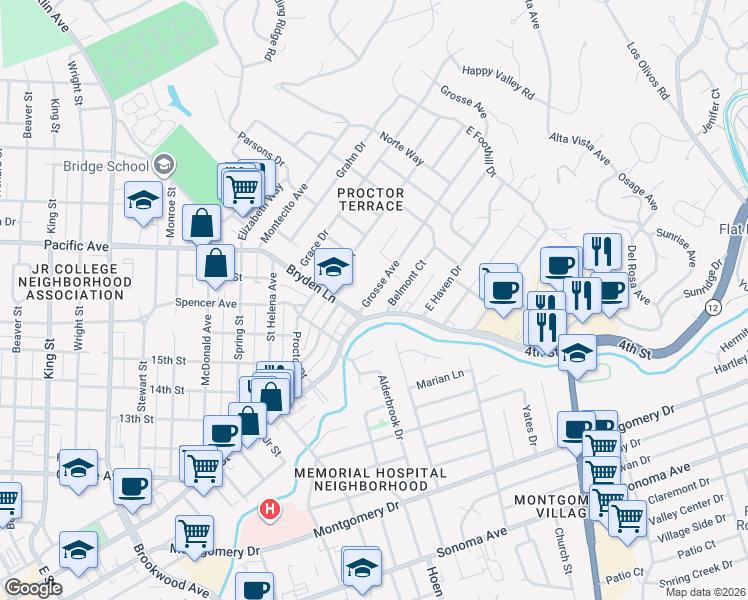 map of restaurants, bars, coffee shops, grocery stores, and more near 1915 4th Street in Santa Rosa