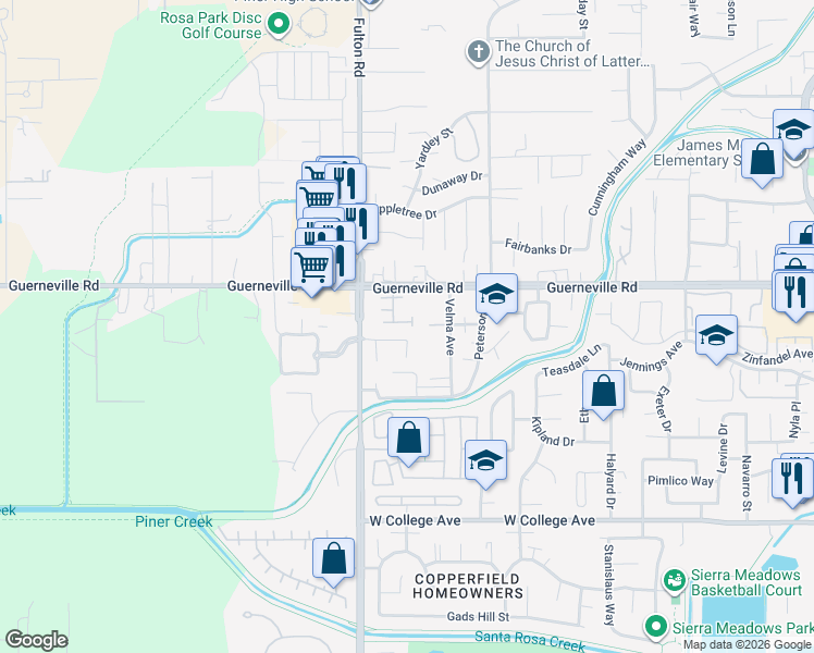 map of restaurants, bars, coffee shops, grocery stores, and more near 2463 Westpoint Place in Santa Rosa
