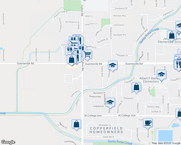 map of restaurants, bars, coffee shops, grocery stores, and more near 2463 Westpoint Place in Santa Rosa