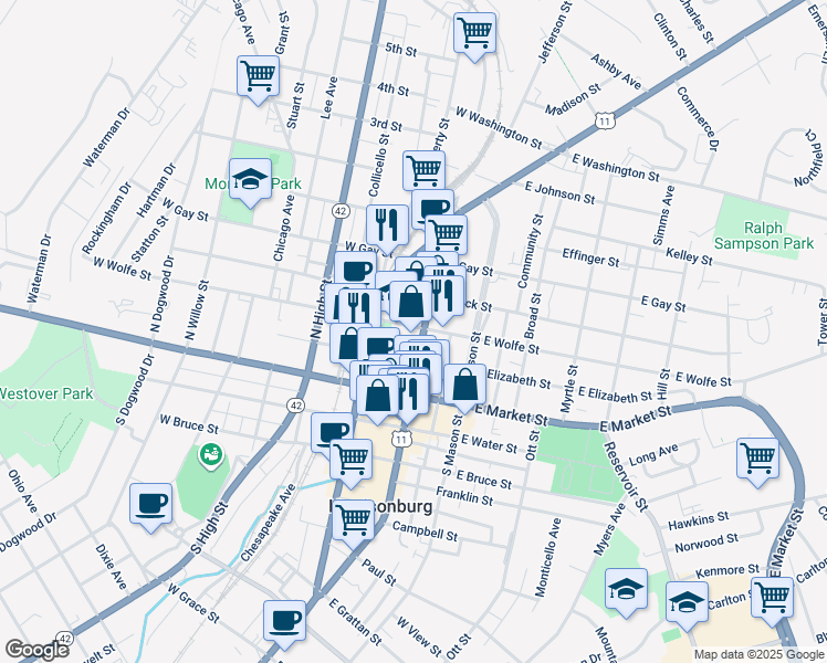 map of restaurants, bars, coffee shops, grocery stores, and more near 157 North Main Street in Harrisonburg