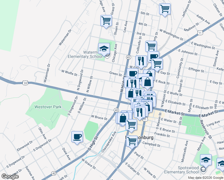map of restaurants, bars, coffee shops, grocery stores, and more near 264 West Elizabeth Street in Harrisonburg