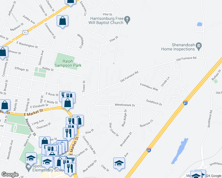 map of restaurants, bars, coffee shops, grocery stores, and more near 1044 Cherrybrook Drive in Harrisonburg