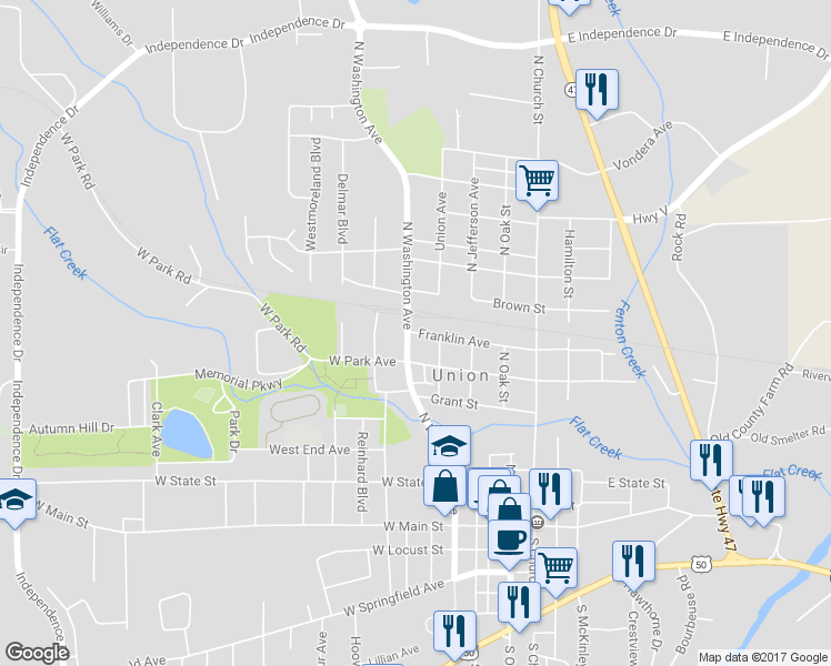 map of restaurants, bars, coffee shops, grocery stores, and more near 25 Franklin Avenue in Union