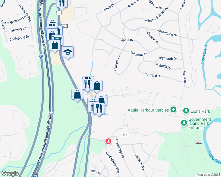 map of restaurants, bars, coffee shops, grocery stores, and more near 41 Smokewood Court in Stafford
