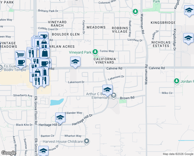 map of restaurants, bars, coffee shops, grocery stores, and more near 9064 Bristol Plaza Way in Elk Grove