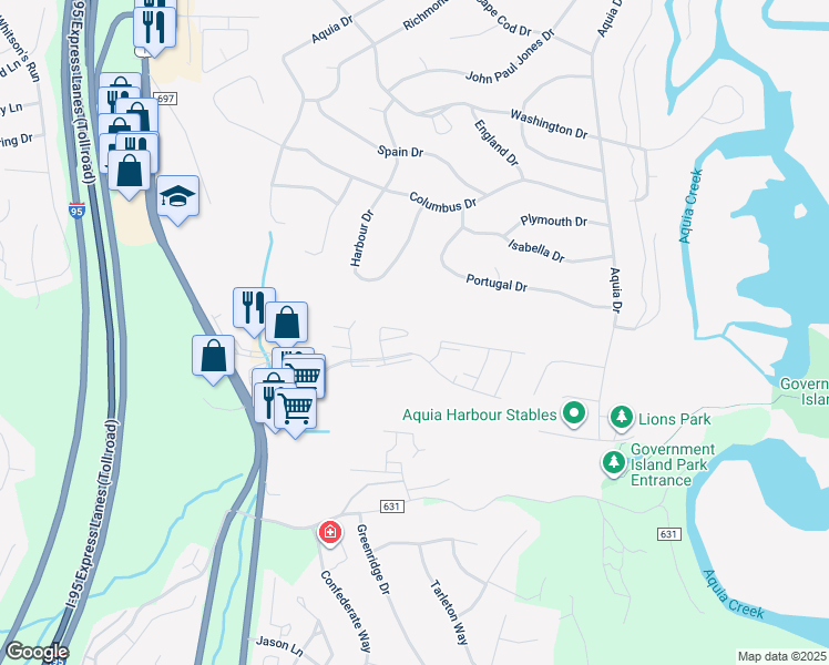 map of restaurants, bars, coffee shops, grocery stores, and more near 61 Fern Oak Circle in Stafford