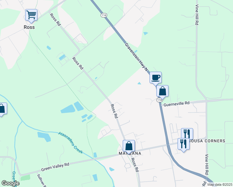 map of restaurants, bars, coffee shops, grocery stores, and more near 4515 Ross Road in Sebastopol