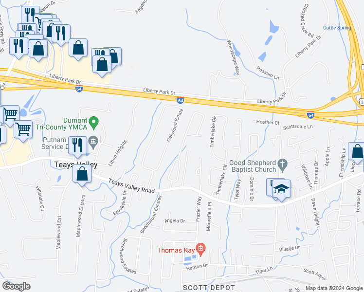 map of restaurants, bars, coffee shops, grocery stores, and more near 125 Hidden Valley Estates in Scott Depot