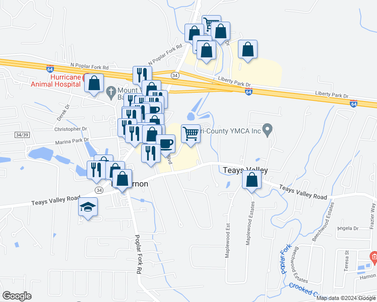 map of restaurants, bars, coffee shops, grocery stores, and more near 302 Great Teays Boulevard in Teays Valley