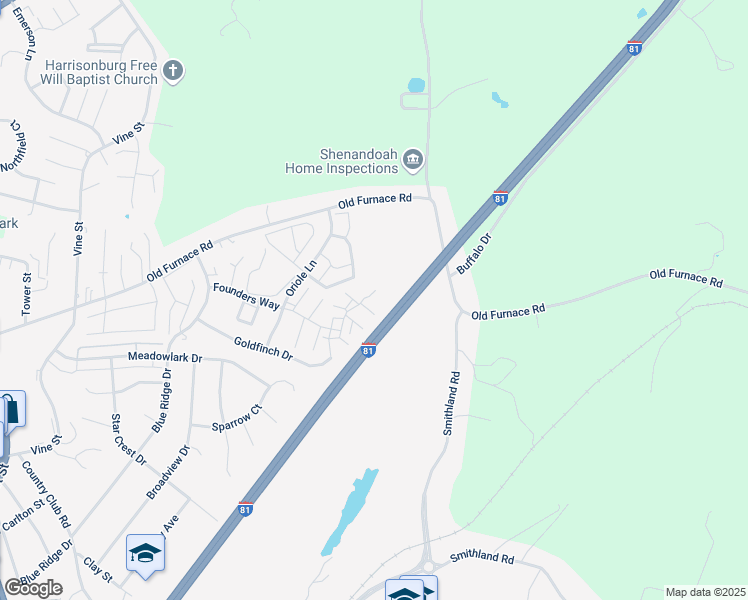 map of restaurants, bars, coffee shops, grocery stores, and more near 1463 Founders Way in Harrisonburg