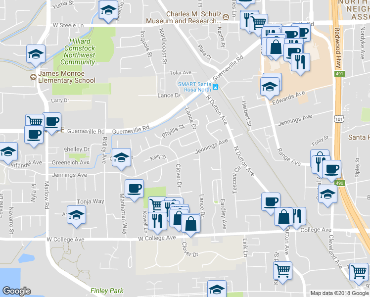 map of restaurants, bars, coffee shops, grocery stores, and more near 1258 Kerney Street in Santa Rosa