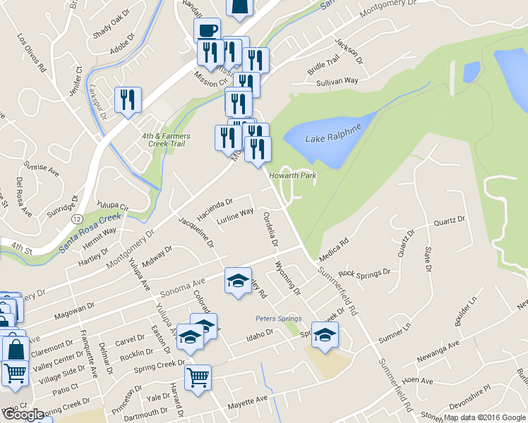 map of restaurants, bars, coffee shops, grocery stores, and more near 3637 Sonoma Avenue in Santa Rosa