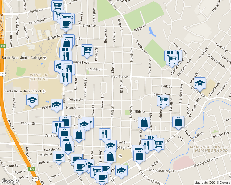 map of restaurants, bars, coffee shops, grocery stores, and more near 1010 King Street in Santa Rosa