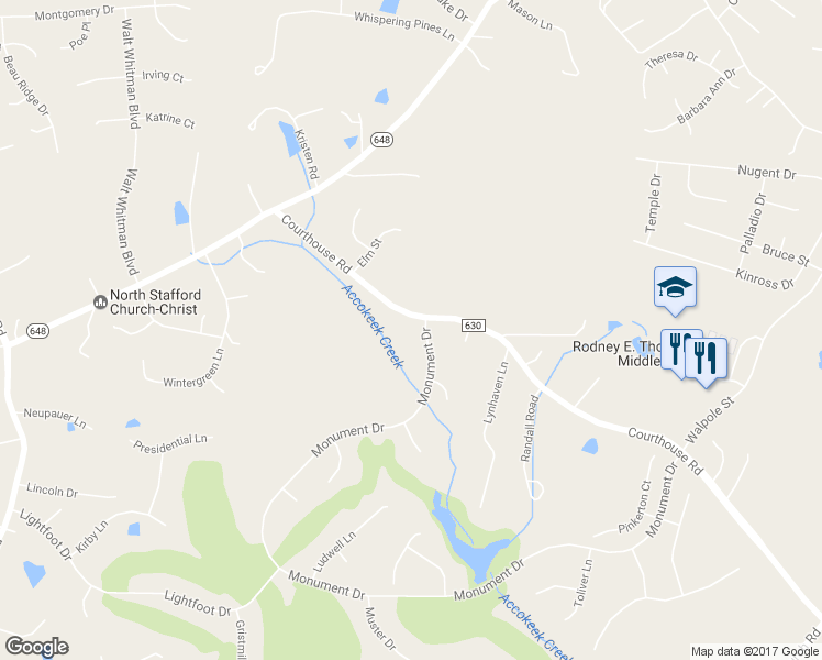 map of restaurants, bars, coffee shops, grocery stores, and more near 2 Monument Drive in Stafford